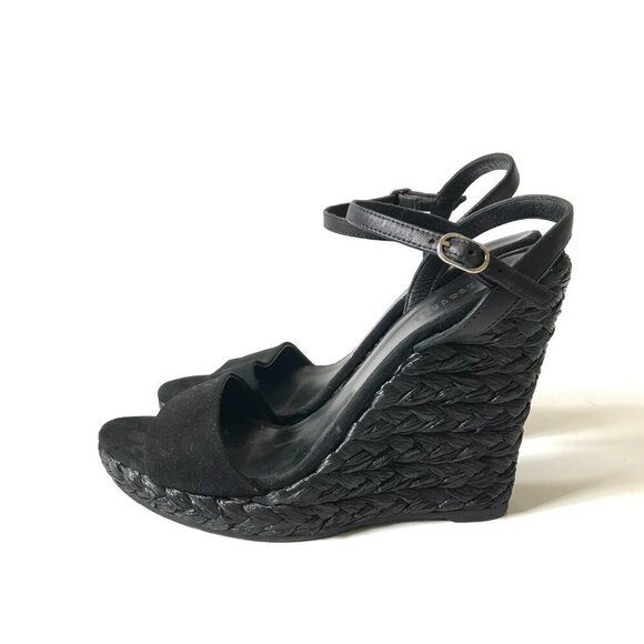 Barneys New York Fania Wedge Sandals Womens 38 8 Black Leather Espadrille Shoes - Picture 6 of 8